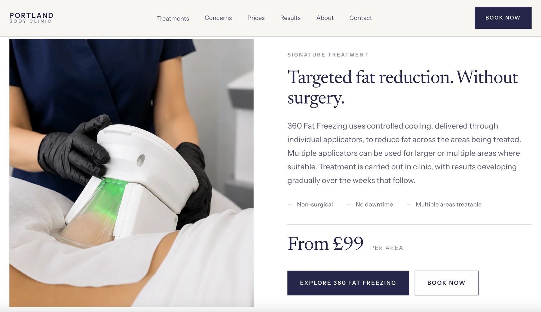 Portland Body Clinic website — signature treatment section with booking